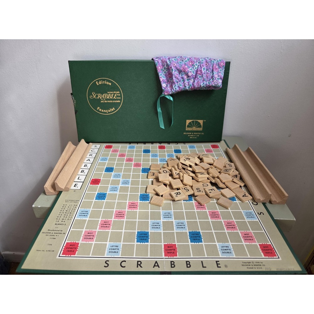 Vintage French Scrabble Game Selchow & Righter Wooden Tiles Green Box